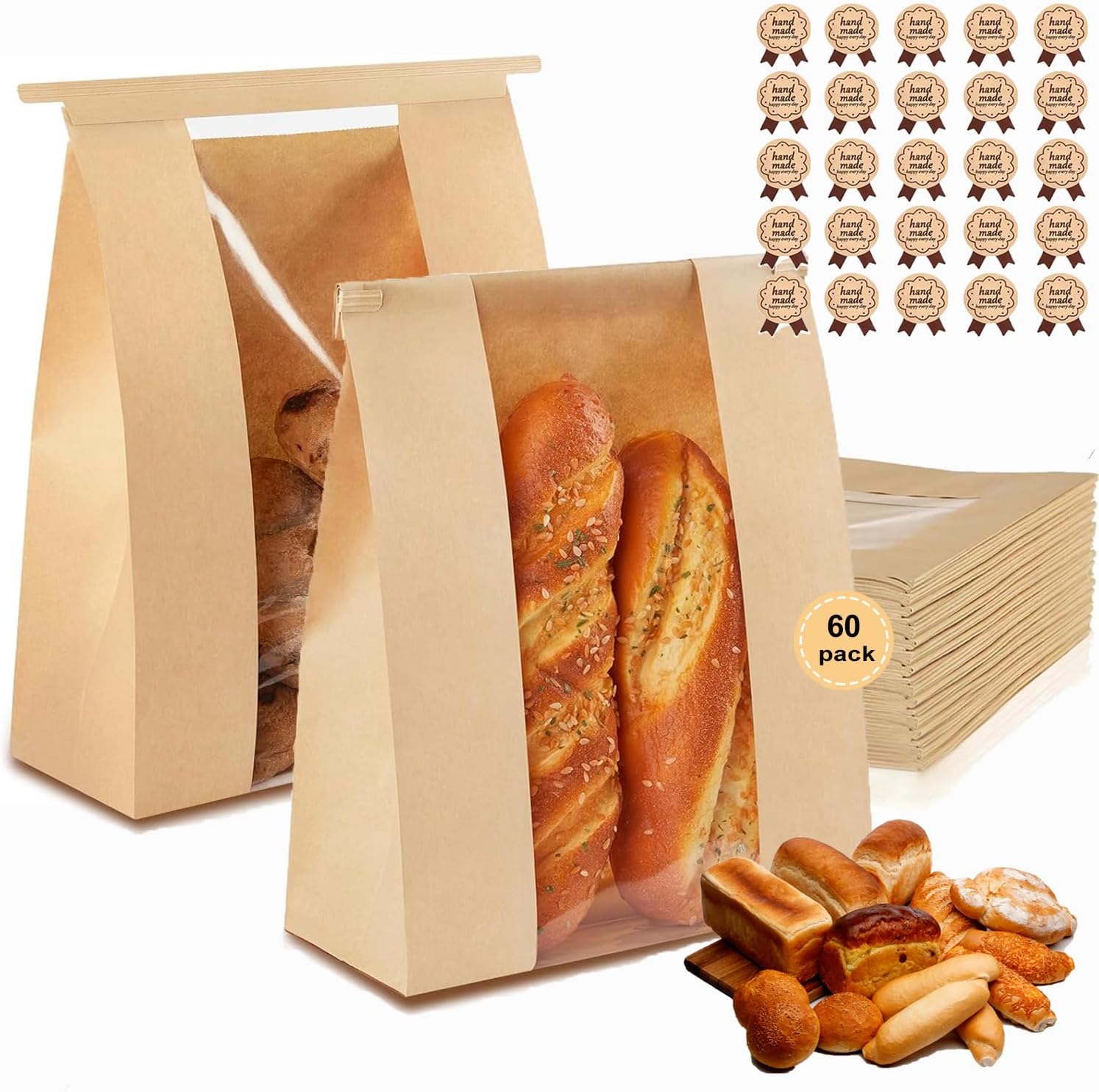 60 Pack thicker Large Paper Bread Bags,for Homemade Bread(13.7×8.2×3.7in)& Tin Tie Tab Lock.with Window Sourdough bags &75pcs Sealing Stickers,for Packaging and Storage of Baked Goods