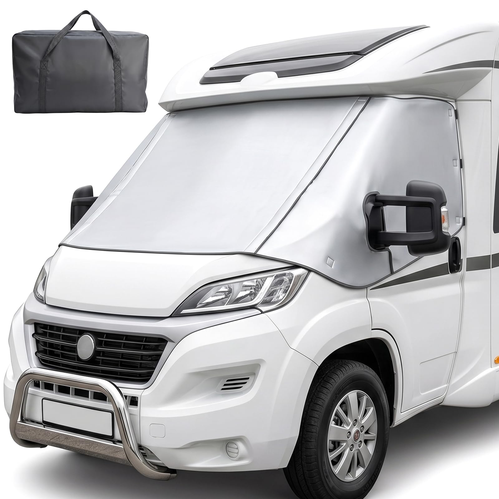 Housse de pare-brise avant pour camping-car avec deux fermetures éclair, compatible avec FIAT Ducato, Peugeot Boxer, Citroën Relay X250/X290 (2006+), housse de pare-brise argentée, imperméable