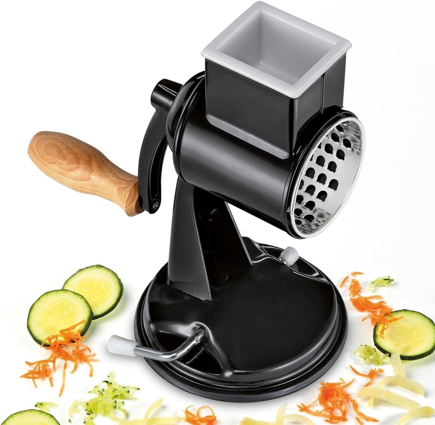 Zassenhaus Classic Drum Grater, Manual Kitchen Grater, Black Painted Metal, Beech Wood, Stainless Steel, Suction Base, 2 Grating Drums and Pestle, Vegetable Cutter, Cheese Grater and Slicer