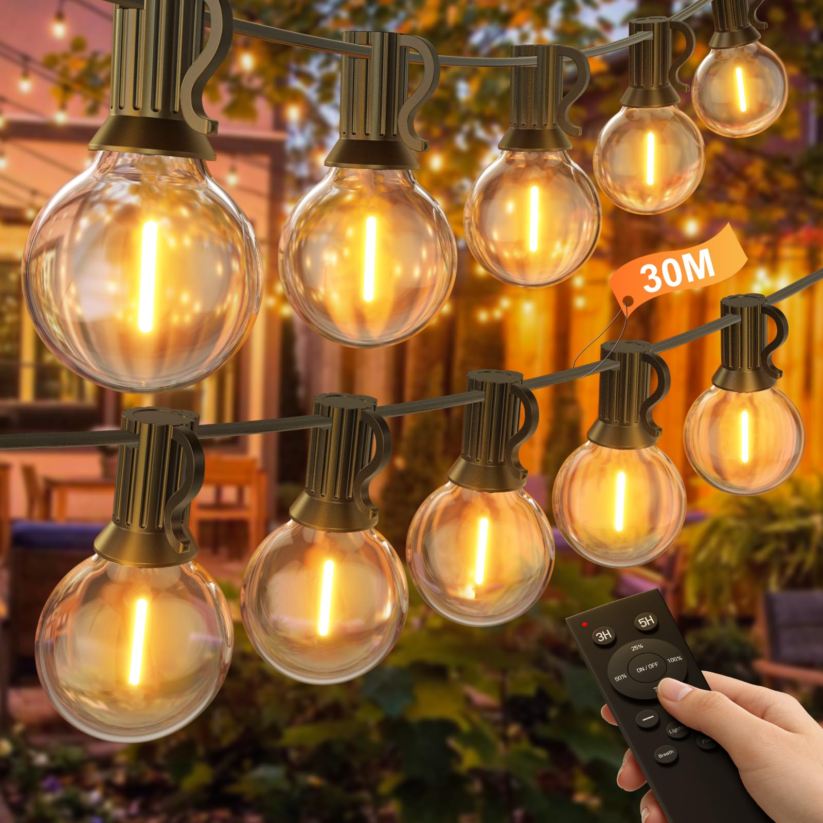 LED Lichterkette Außen mit Fernbedienungen, Dimmbar 30M Lichterkette Outdoor Strom mit G40 Wasserdichte Glühbirnen, Außen & Innen Lichterketten mit Timer für Garten, Party, Terrasse, Balkon,Hochzeiten