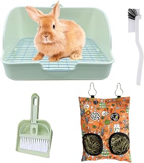 Rabbit Litter Box with Hay Feeder Bag Rabbit Cage Accessories 4-in-1 Rabbit Potty Toilet Feeding Cleaning Set for Dwarf Rabbit Bunny Guinea Pig Chinchilla (White)