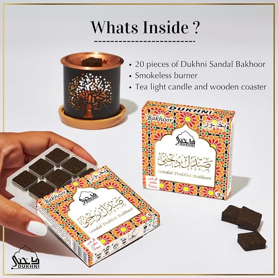 Dukhni Sandal Bakhoor Set | 2 x 9 Piece Each & Tree of Life Bakhoor Burner | Arabic Incense, Sandalwood Aroma, Grounding Woody Scent | Relax & Meditate, Home Fragrance, Home Aromatherapy