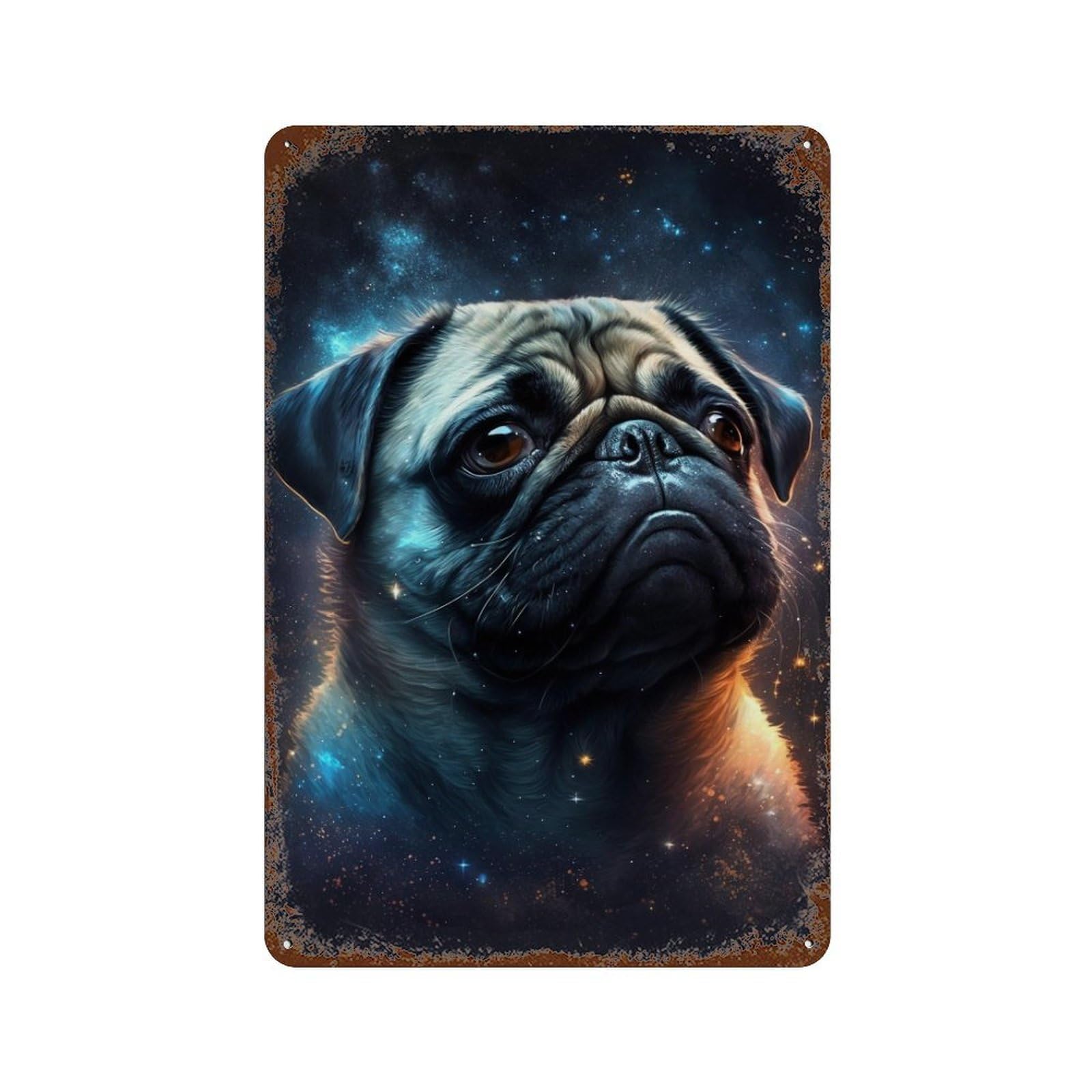 Cosmic Pug Portrait-5 Weathered Tin Sign 11.8"x7.9", Rustic Home Decor for Garage, Bar And Workshop Decor