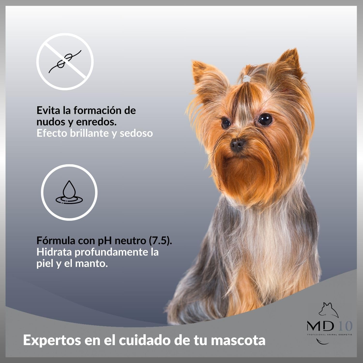 Pack Productos para Yorkshire Terrier - Champú para Perros 2 litros, Acondicionador Perros Efecto Caída 500g, 2 Botellas Mezcladoras - Vegano y Biodegradable - Fabricado en España - MD10 Collection