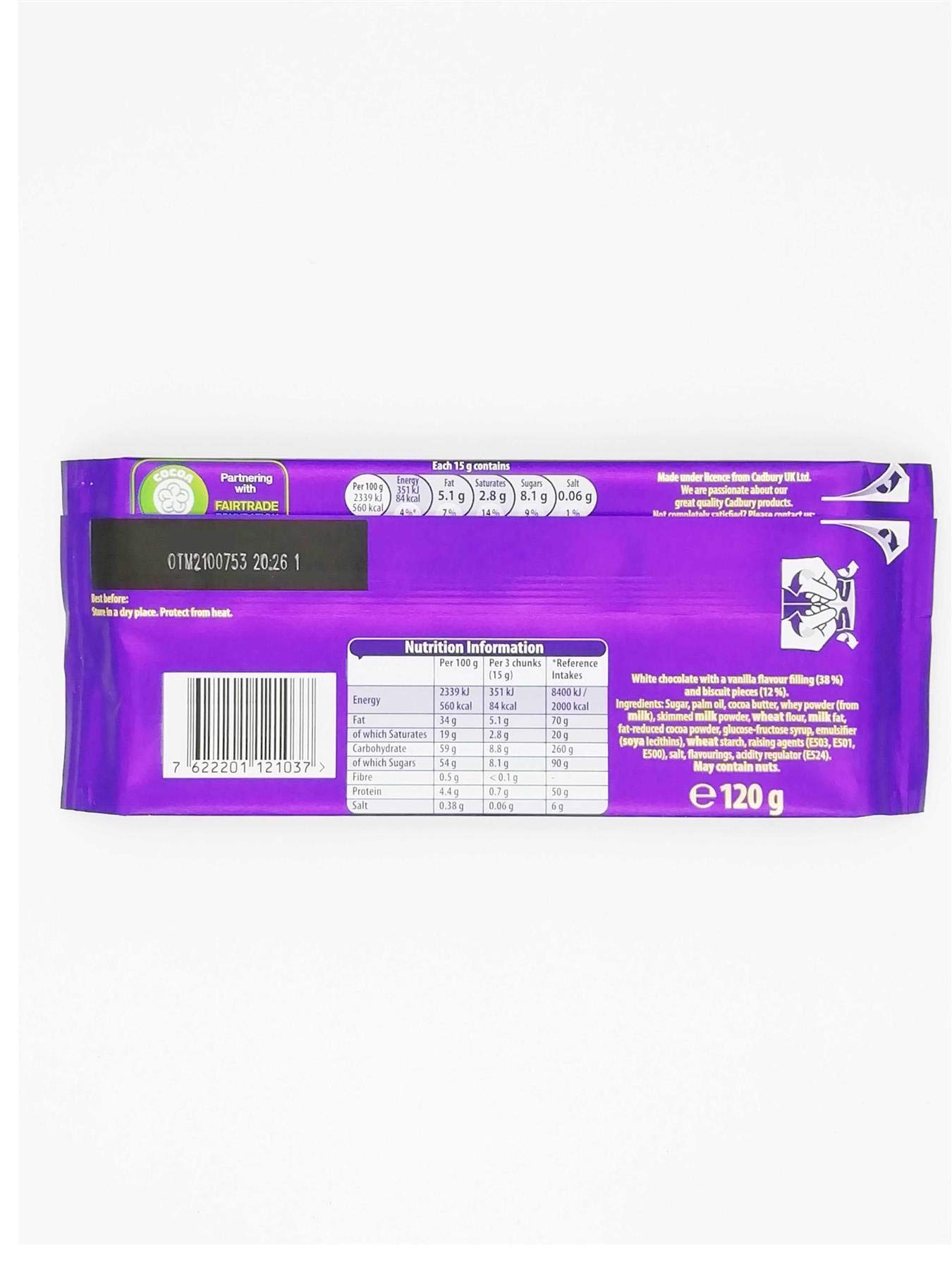 Cadbury Oreo White Chocolate Bar, 120 g, white chocolate with a delicious Oreo filling, Pack of 17