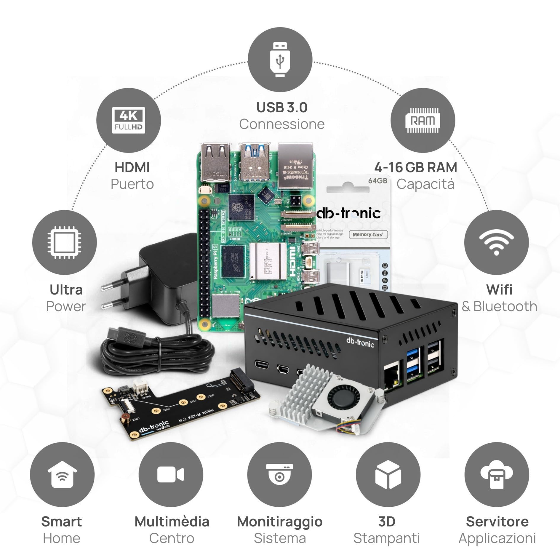 Raspberry Pi 5 8 GB NVMe Kit 64GB Custodia in metallo Scheda PCIe SSD M.2 NVMe Alimentatore 27 W Home Assistant