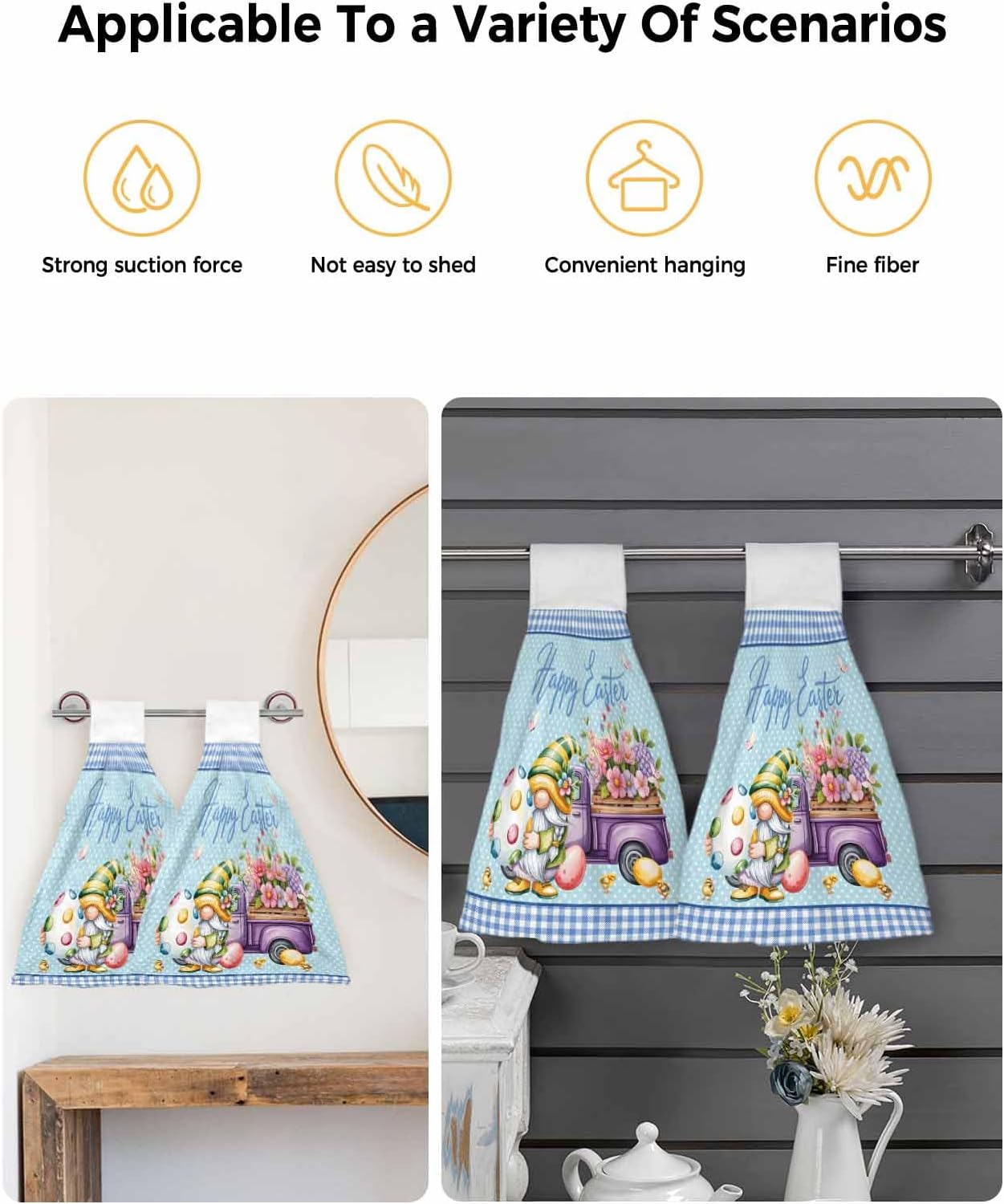 Easter Kitchen Hand Towels with Hanging Loops Set of 2 Gnomes Colorful Dots Eggs Truck Flowers Blue Plaid Soft Thick Oven Fingertip Dry Microfiber Tie Dish Towel Absorbent Cleaning Washcloth