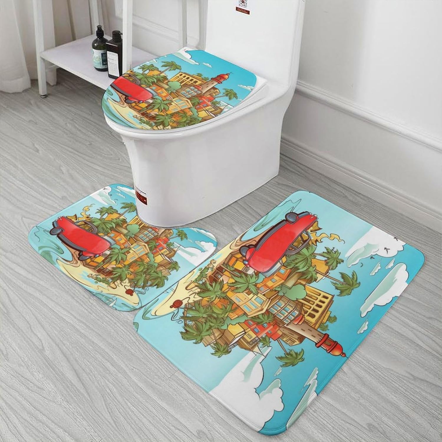 Anti-Skid Floor Mats 3 Piece Set,Island of Cuba Printed Coral Fleece Bathroom Mats U-Shaped Contour Mat Toilet Seat Cover for Bathroom, Tub, Shower, Kitchen 19.7"x31.5"
