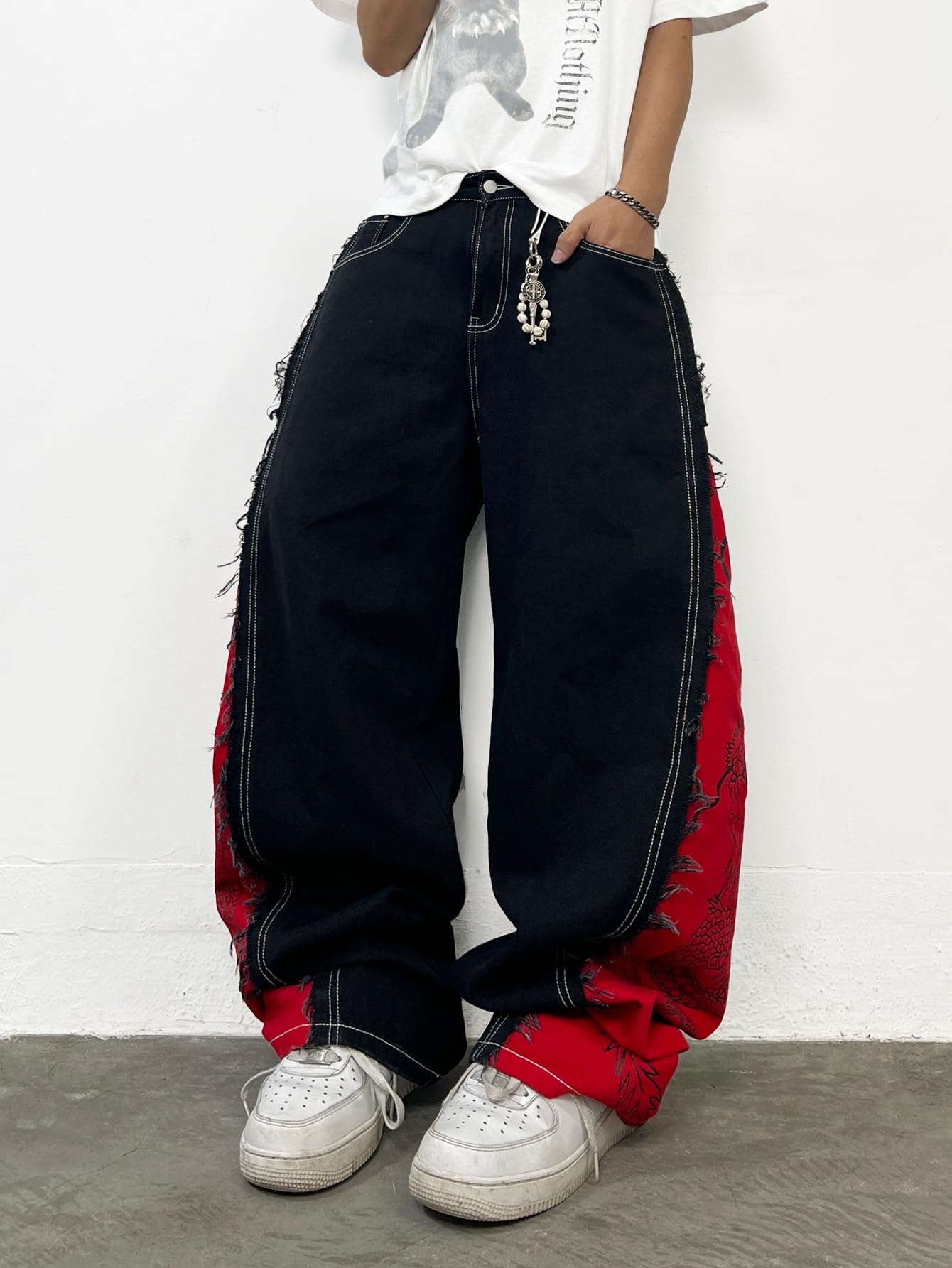 Jeans larghi da uomo a gamba larga nero rosso patchwork drago stampa denim pantaloni larghi pantaloni hip hop streetwear