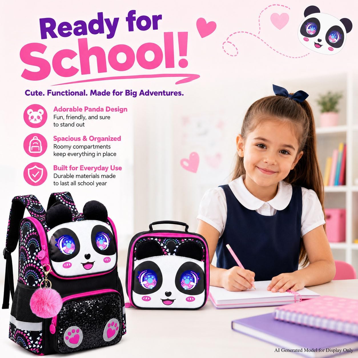 UFNDC 3-Piece Panda Backpack Set for Girls, 15" Kids' Bookbag with Lunch Box, Black School Bag for Elementary, Preschool, and Toddlers