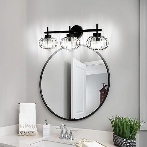 Miniatura 7 de YHTlaeh Moderna lámpara de tocador de cristal, 3 luces para baño, color negro mate, lámpara de pared de baño (farol)