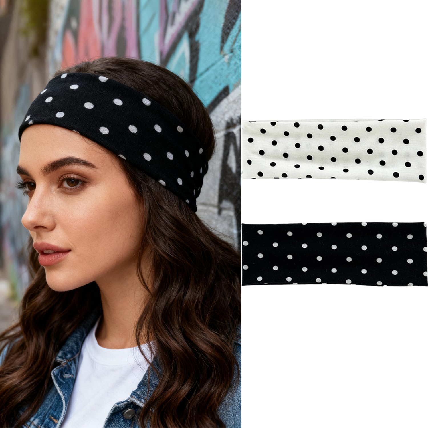 2 Pack Black White Headband Set Polka Dot Elastic Headbands Cute Hair Accessories Non Slip Fashion Head Bands