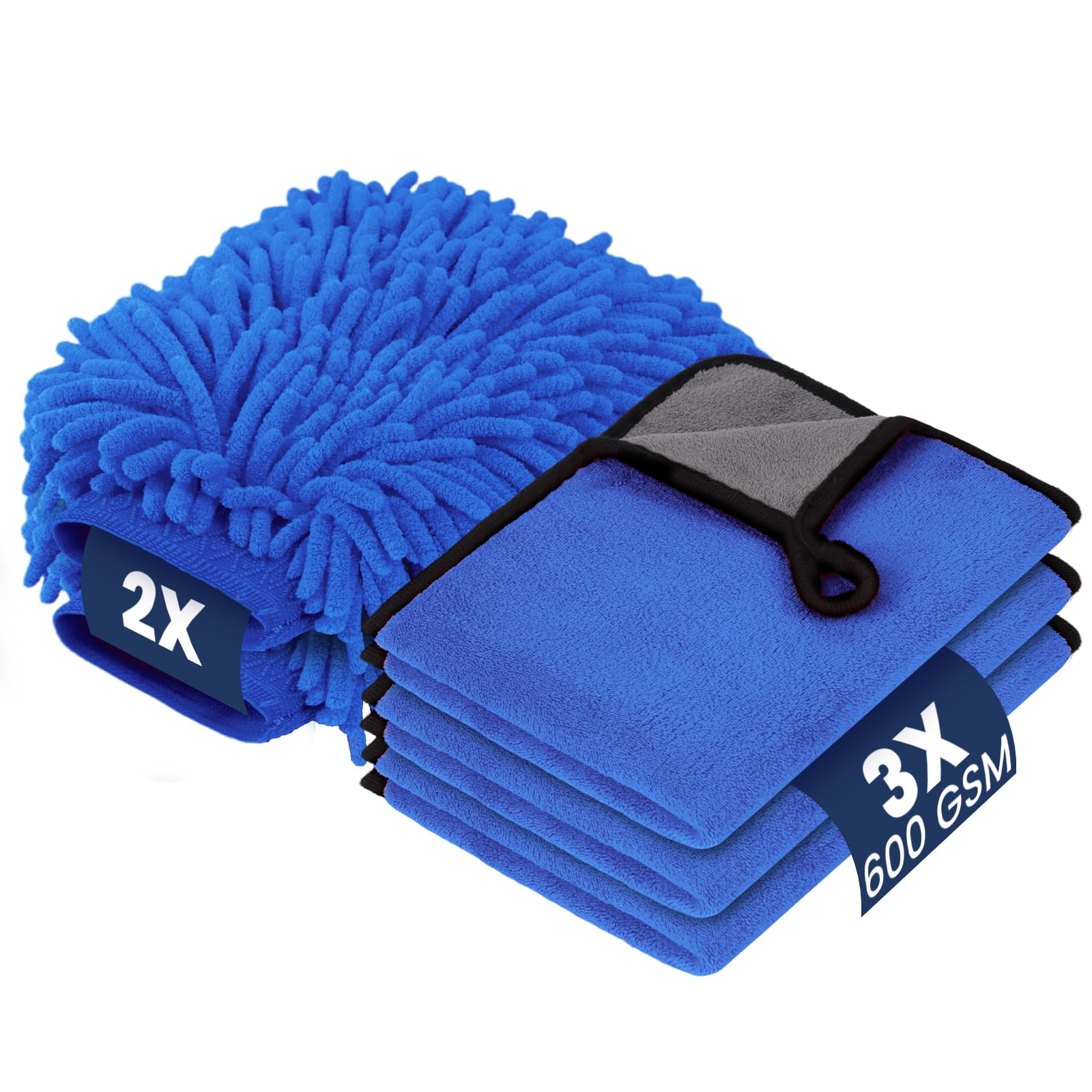 vsshe 5 Stück Autopflege Set mit 3er 600GSM Mikrofasertücher Auto (Korallenfleece) & 2er Mikrofaser Waschhandschuh, Reinigungsset für Auto & Haushalt | 100% Kratzfrei Super saugfähig (40x30cm)