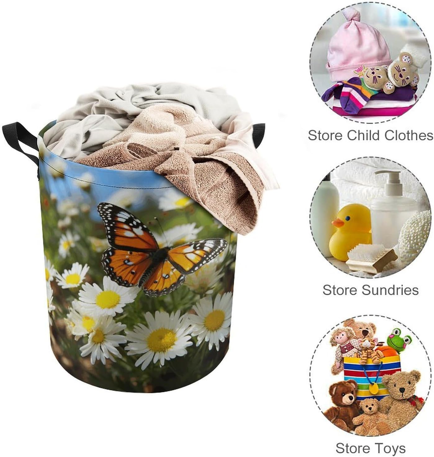 Butterfly on Daisy Flower Laundry Basket Collapsible Clothes Hamper with Reinforced Handles Large Capacity Waterproof Laundry Bag Freestanding Laundry Hamper for Bedroom Bathroom