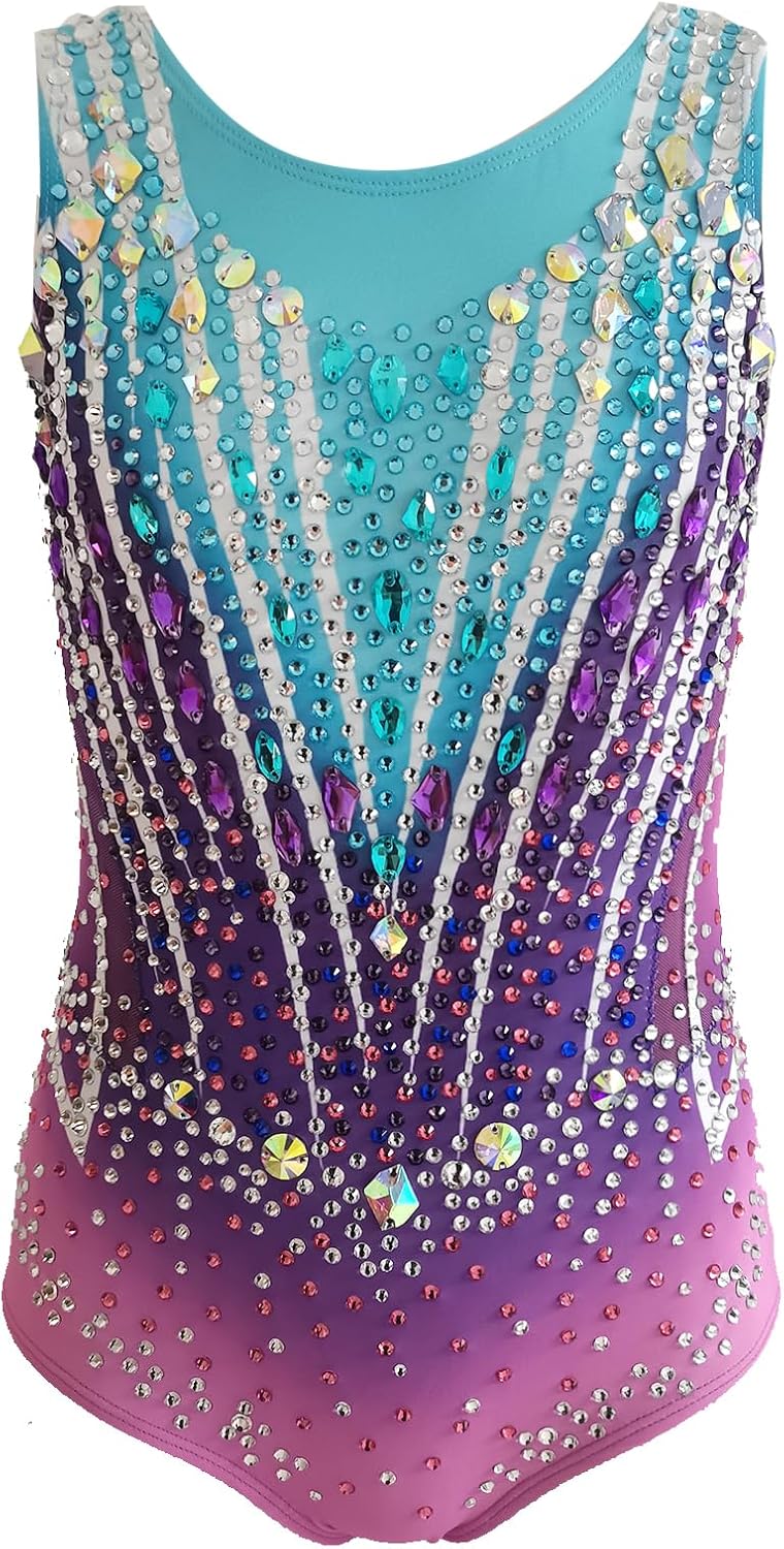 Girls Rhythmic Gymnastics Leotards Purple Sleeveless Dance Leotard for Girls Sparkly Practice and Performance Wear