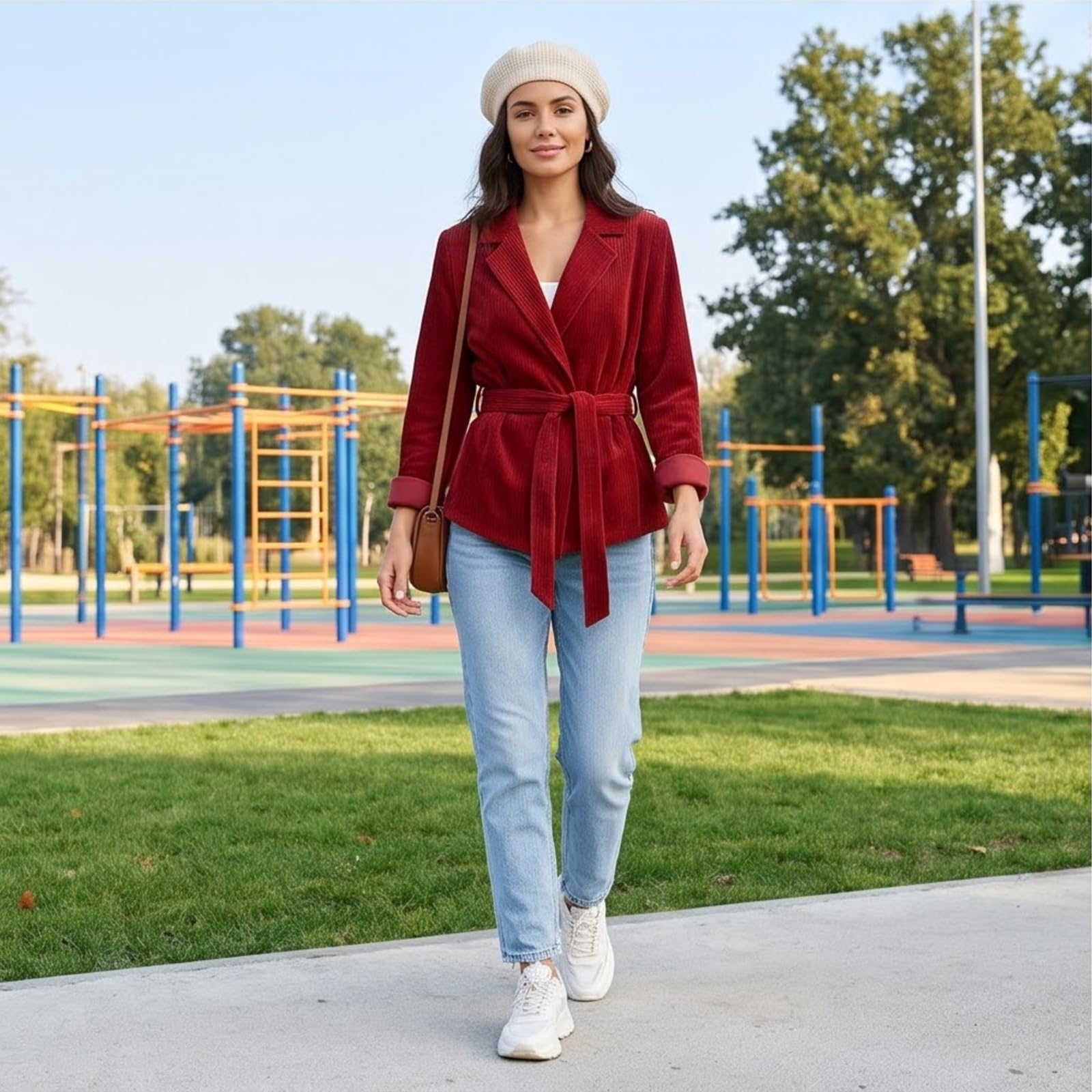 Cord Blazer Damen Tailliert Mit Gürtel Cordjacke Elegant Mantel Leicht
