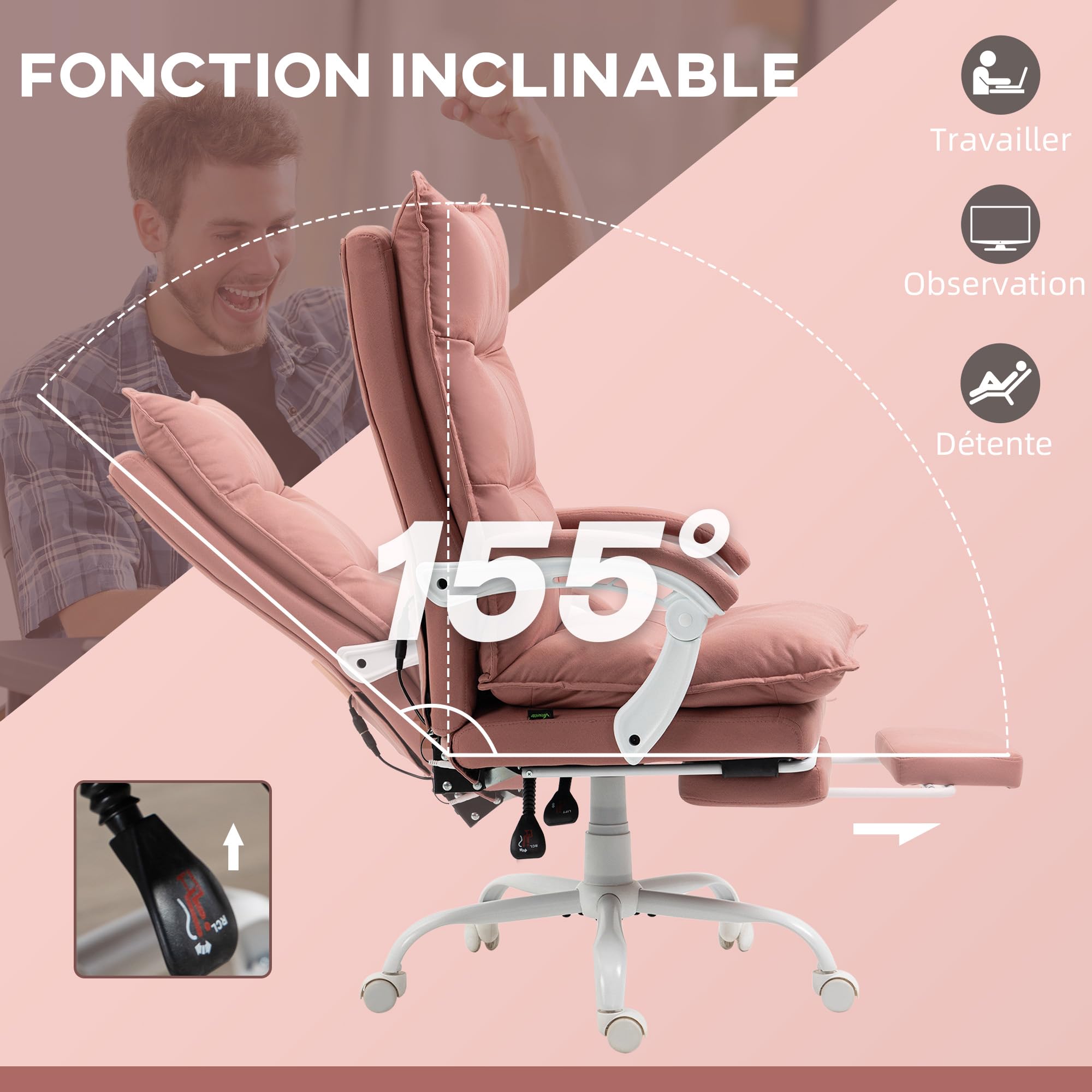 Vinsetto Fauteuil de Bureau Massant et Chauffant Hauteur Réglable Rose