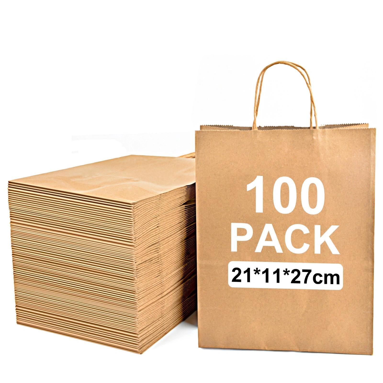 100 Pcs Brown Paper Bags With Handles, 130GSM(21×11×27cm), Medium Kraft Paper Carrier Bags for Retail, Grocery, Wedding & Birthday