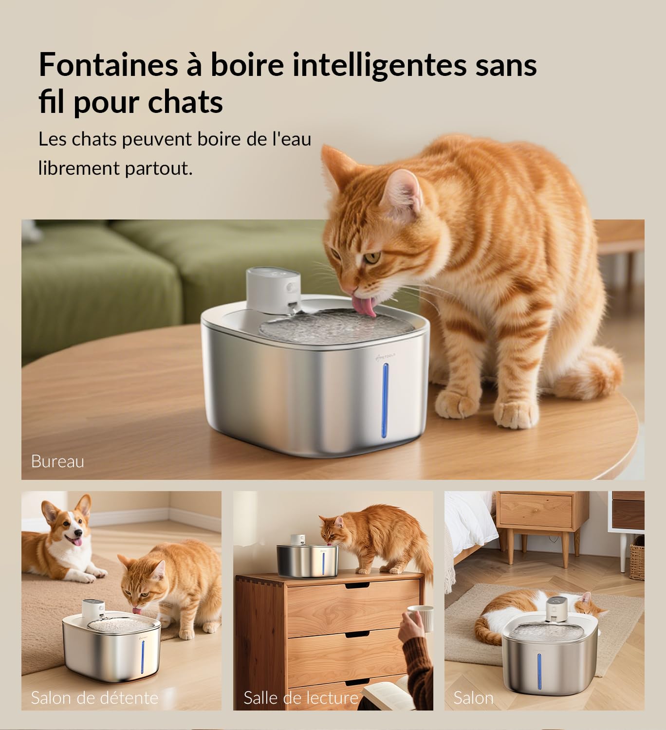 Fontaine a Eau Chat INOX sans Fil en Acier, 4L Fontaine pour Chat avec Capteur Automatique, Ultra Silencieux avec Batterie 4000 mAh, FS10pro