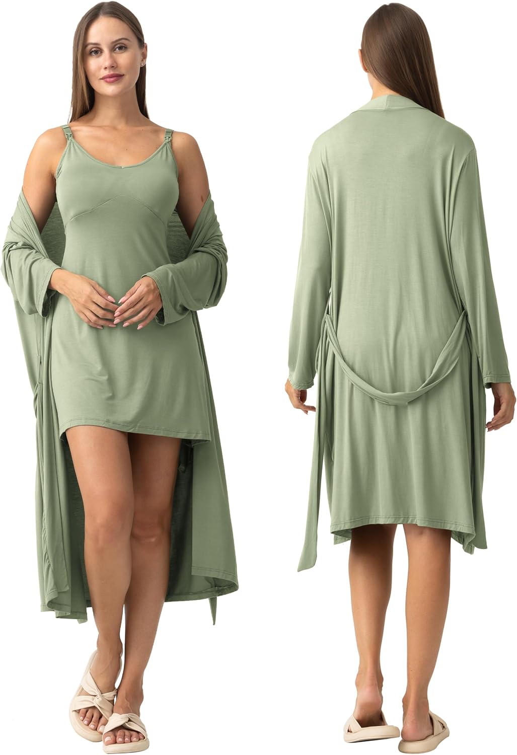 SUNNYBUY Women's Nursing Nightgown Maternity Robe Set, 3 in 1 Labor Delivery Breastfeeding Dress Postpartum Sleepwear - Image 3