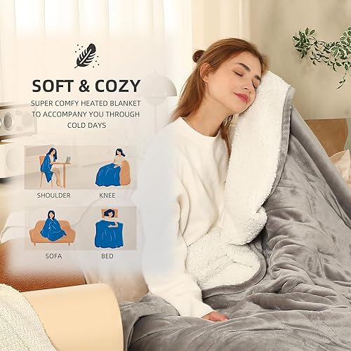 Miniatura 5 de Manta eléctrica tamaño individual  Manta térmica individual de 62 x 84 pulgadas con 5 niveles de calefacción, manta térmica con protección contra