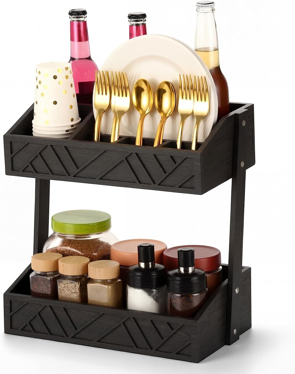 Geelin 2 Tier Paper Plate Dispenser Utensil Caddy for Parties Wood Rustic Silverware Caddy Cutlery Flatware Organizer Rack for Cups Spoons Forks Napkins, Kitchen Accessories, Black