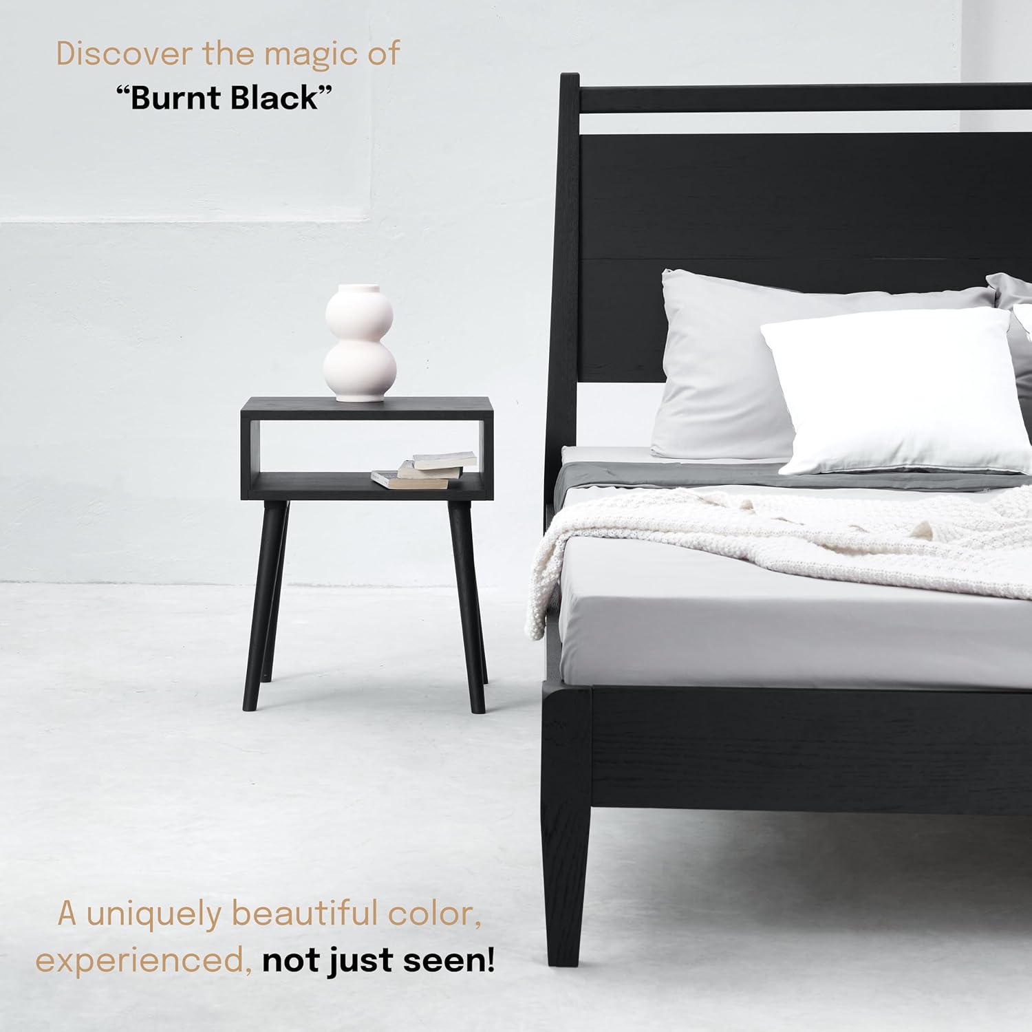 NTC Solid Oak Zoe Nightstand, Mid Century Modern Side Table Bedroom, Bedside Furniture, Night Stand, End Table, Easy Assembly - Burnt Black