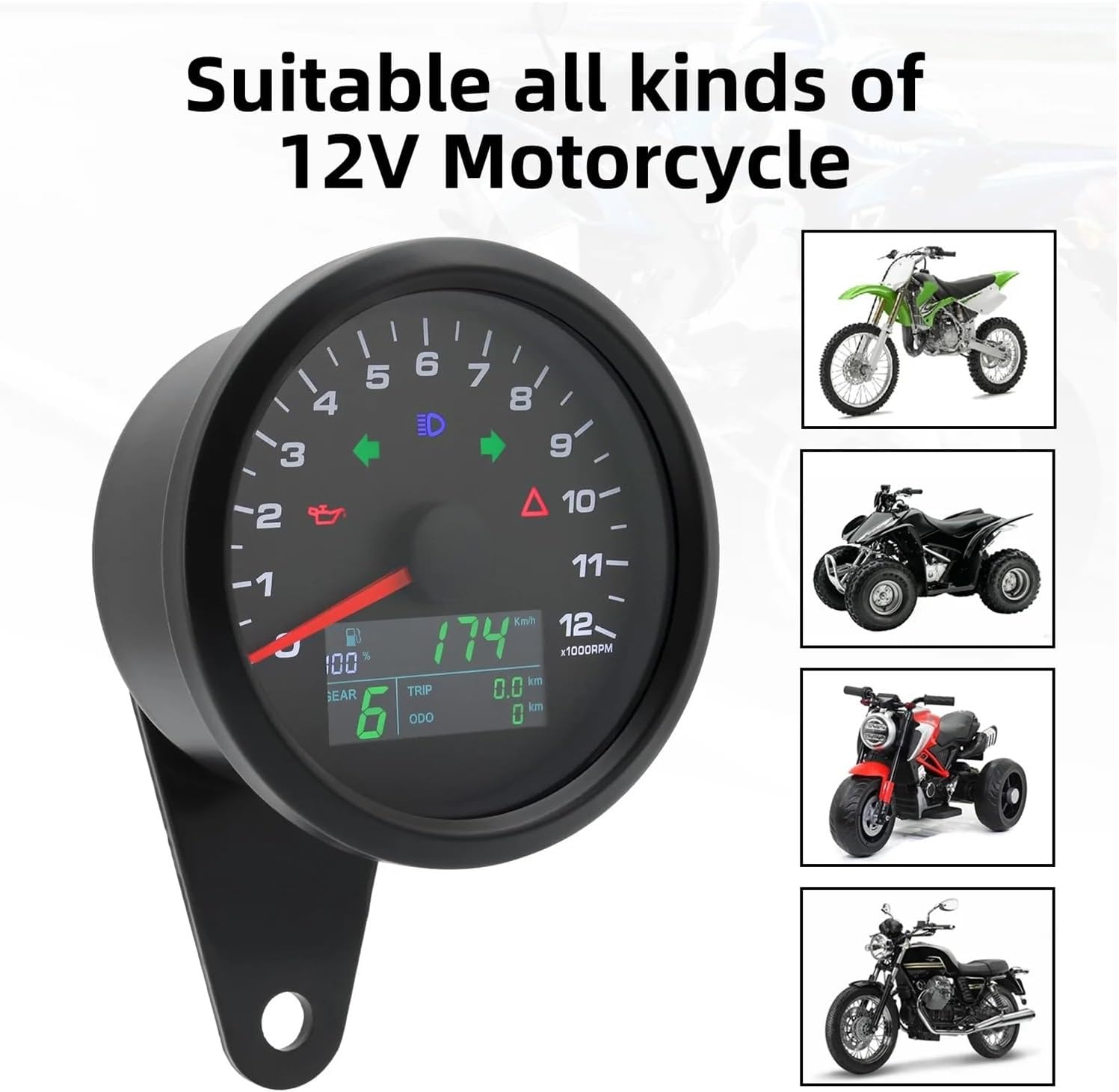 Motorcycle Speedometer Gauge Motorcycle Tachometer 12000 RPM Meter Odometer KMH MPH ODO Tacho Motorbike Gauge Digital Dash