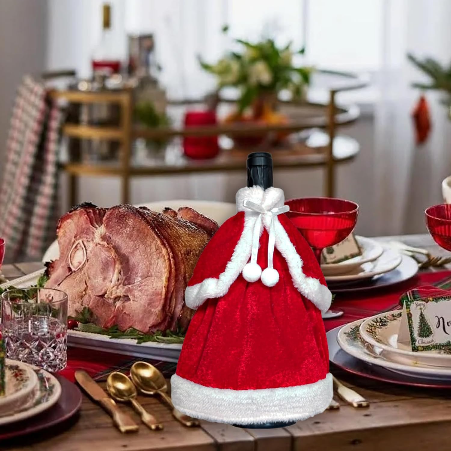 Christmas Wine Bottle Cover Christmas Red White Dress Wine Bottle Cover Decorations Xmas Dress Champagne Decorations for Xmas New Year Party Table Accessories image 3
