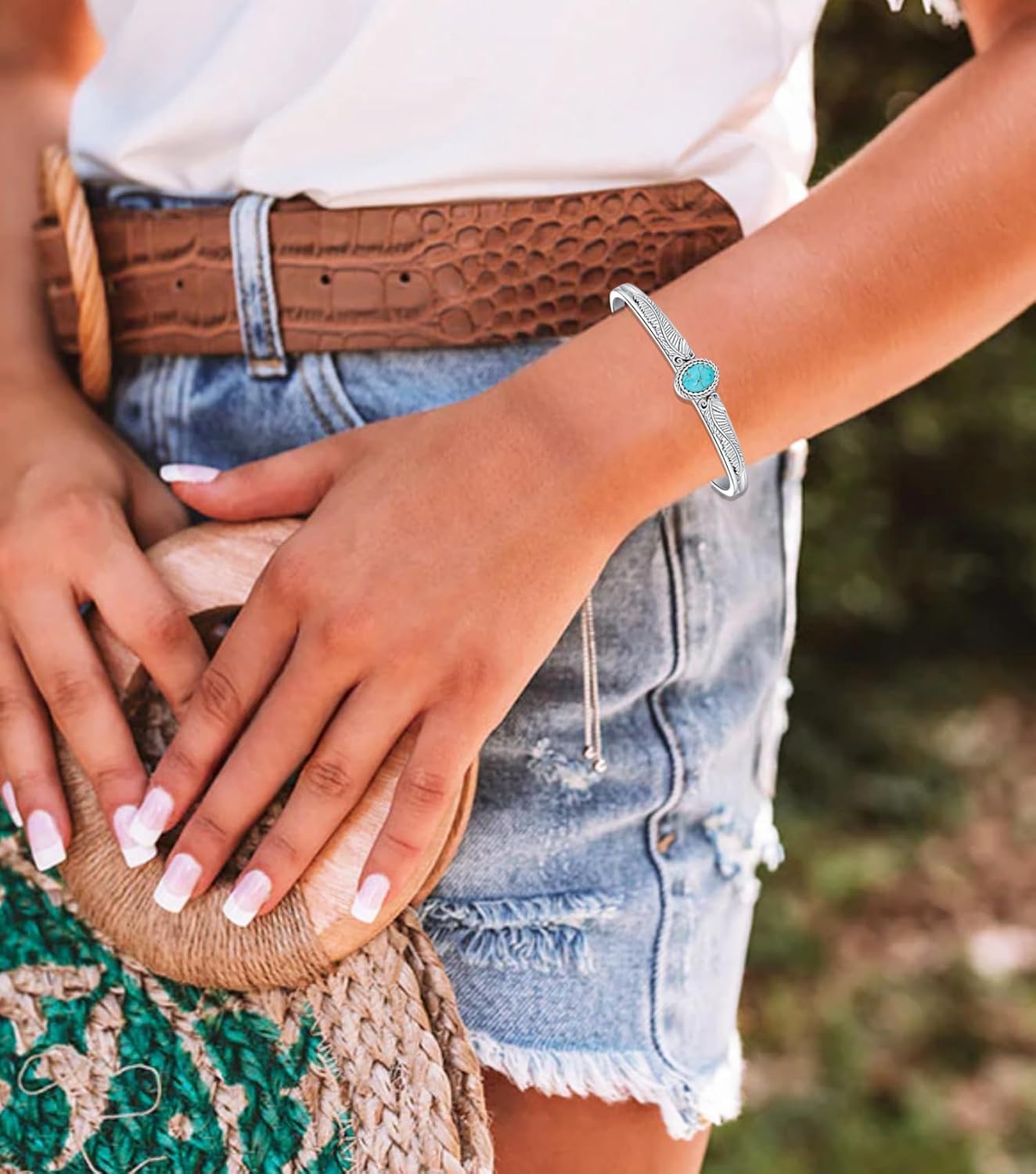 Genuine Leaf Turquoise Bracelet, Sterling Silver Boho Adjustable Bangle Cuff Native American Vintage Jewelry for Women, Fit for 6.5 7 7.5 Inches - Image 3