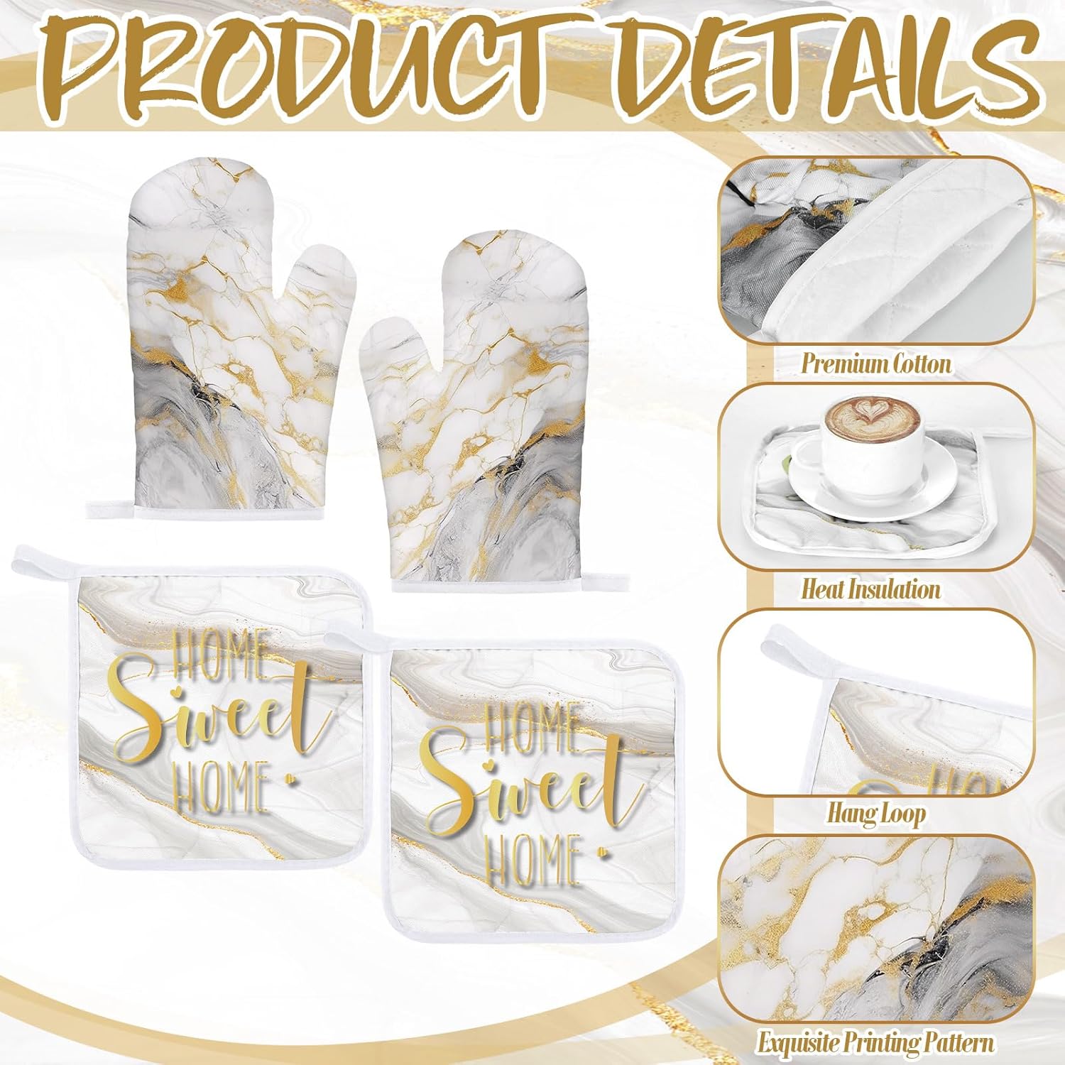 Bencailor 6 Pcs Marble Kitchen Decor Gold Pot Holders Oven Mitts 2 Dish Towels 2 Farmhouse Cooking Mittens Oven Glove and Potholder for Baking Cooking Grilling Supply Accessories(White) - Image 5