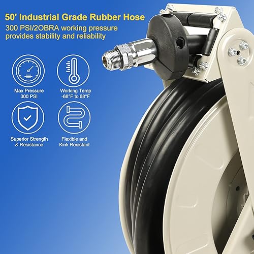 Miniatura 6 de Carrete de manguera de combustible diésel retráctil de 1 pulgada x 50 pies, impulsado por resorte, rebobinado giratorio automático, industrial,