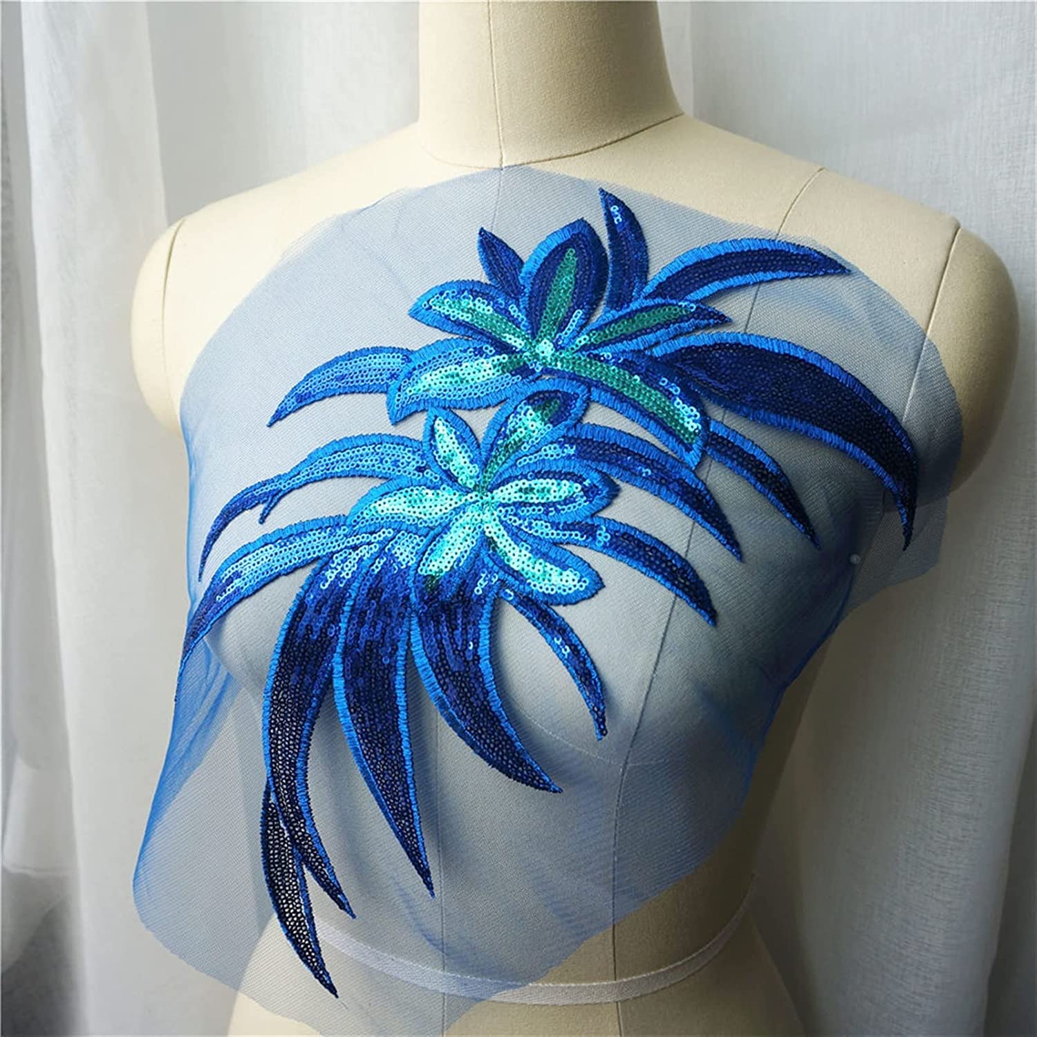 Toppe ricamate, ricami con paillettes in pizzo, applicazioni su colletti, toppe, abiti, fai da te, toppe decorative, fiori, blu, con paillettes, foglie, fiori, tessuto, ricamo, abito da sposa, appliqu