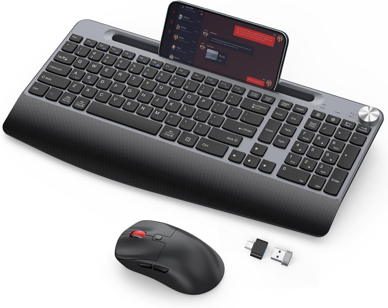 Ergonomic Wireless Keyboard and Mouse with Wrist Rest,Phone Holder - 2.4GHz Full-Sized Low-Profile Quiet Wireless Mouse and Keyboard Combo for Computer, Laptop, PC, Mac-Grey