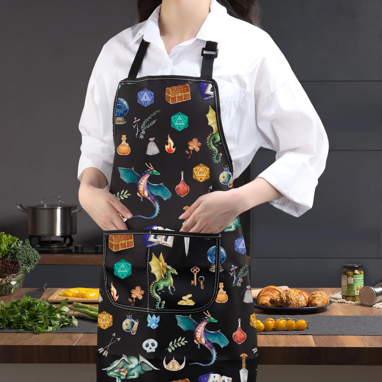 JXGZSO Video Game Kitchen Apron Dragon Lover Gift Geek Roleplaying Arpon RPG Game Gift Video Game Lover Gift - Image 6