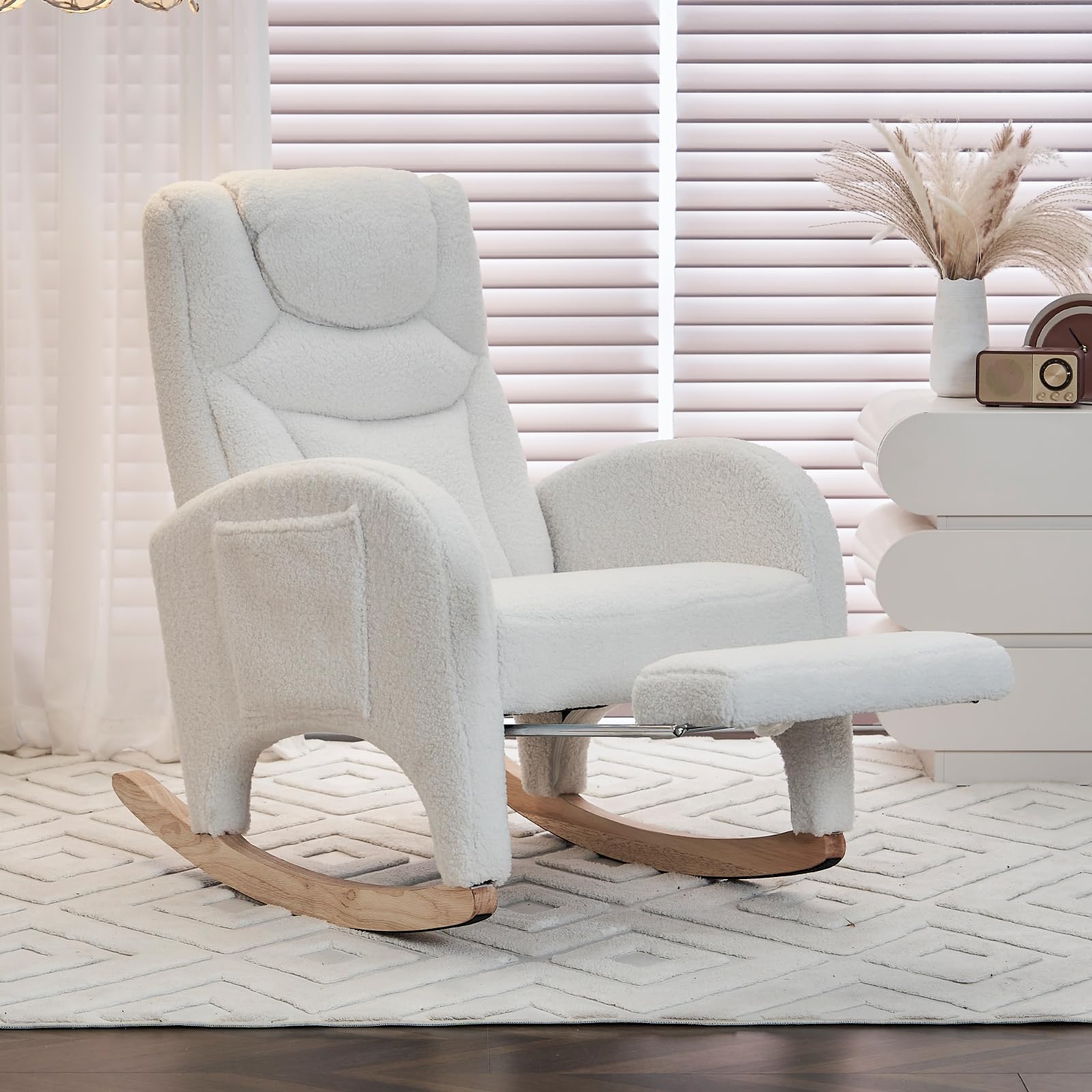 Rocking Chair Nursery Modern Accent Rocker Armchair with Retractable Footrest and Side Pocket, High Backrest Teddy Upholstered Single Glider Rocking Chair for Bedroom Living Room Lounge, Ivory