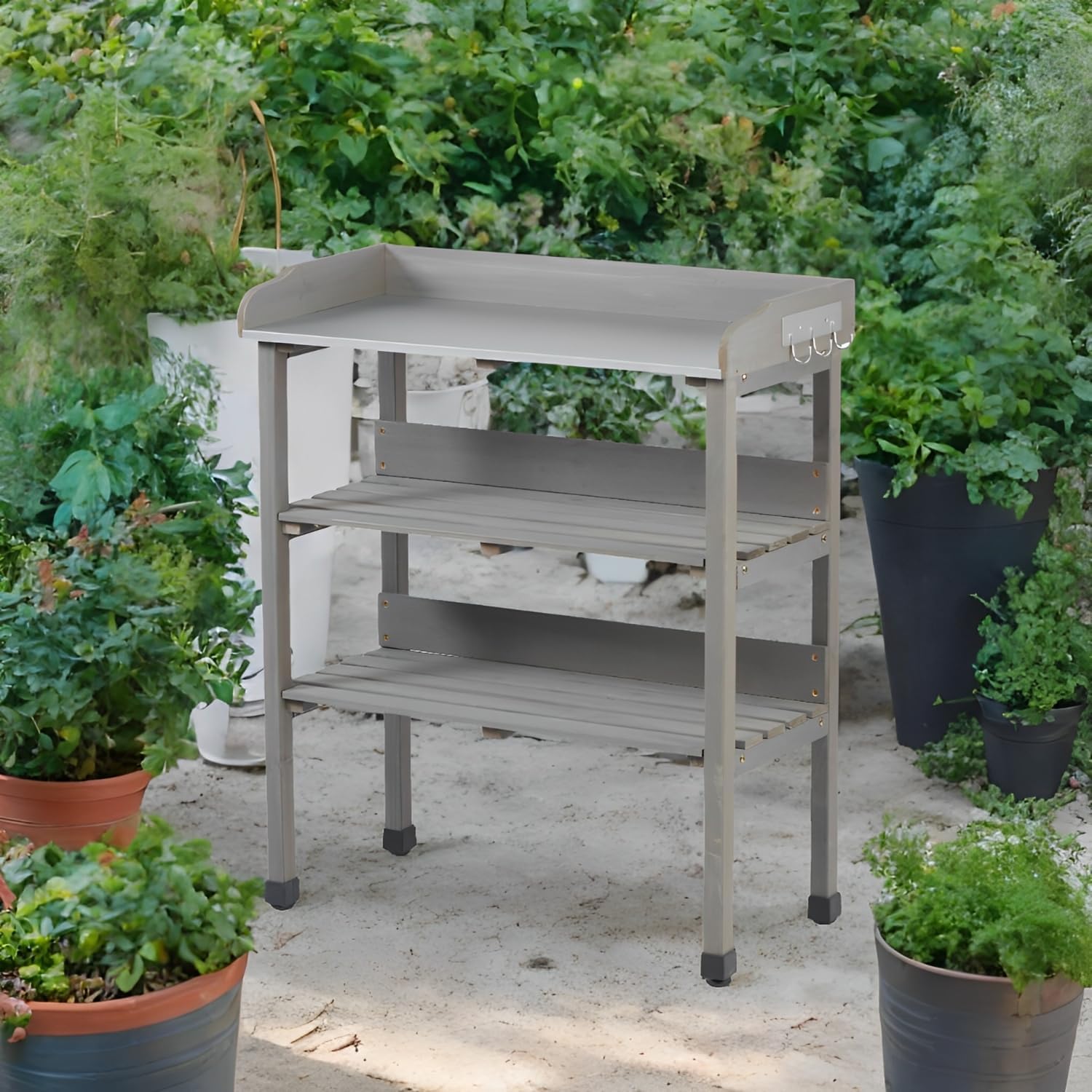 30"x14.5"x35.5" Potting Table with Metal Tabletop, 3-Tier Outdoor Workbench for Garage & Garden