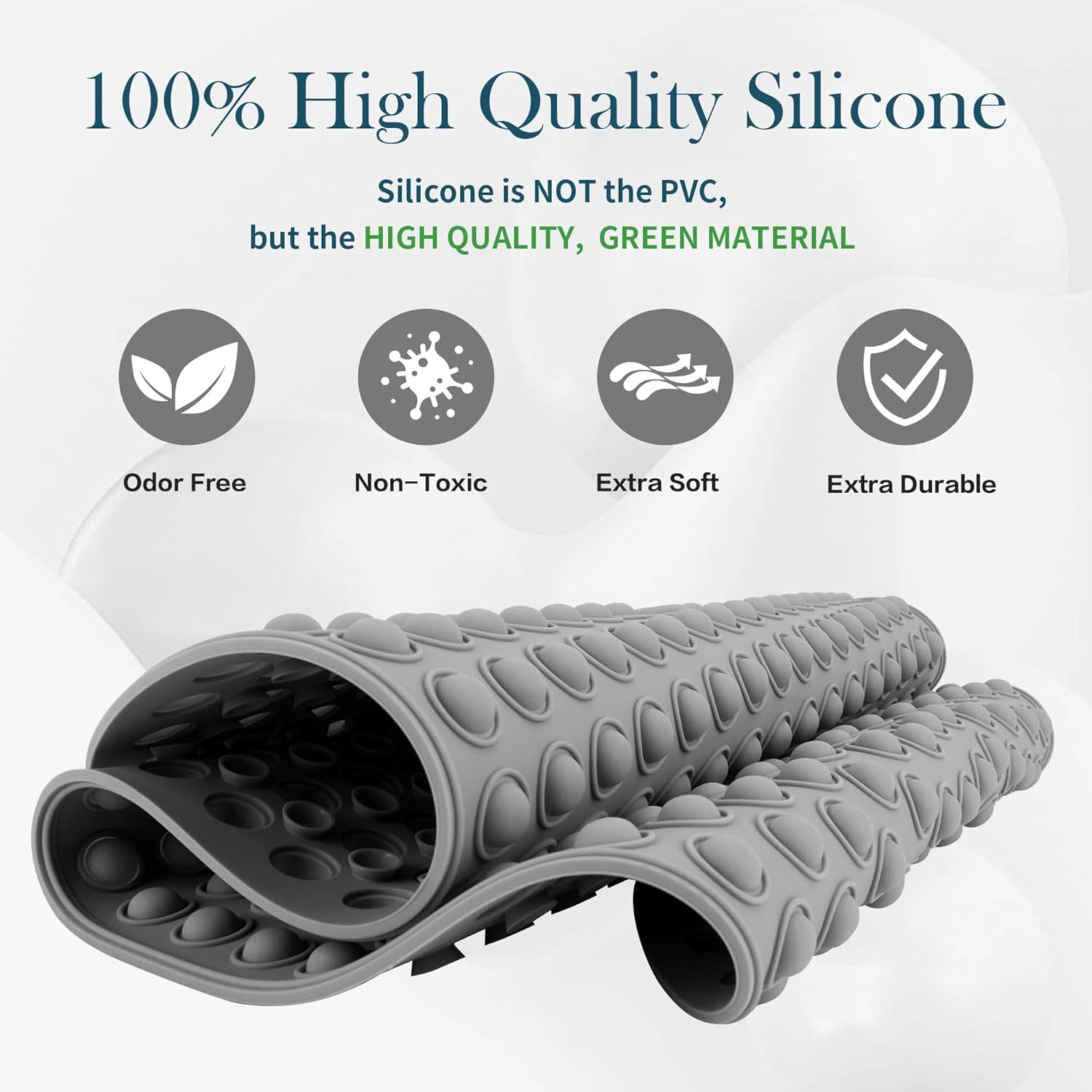 Silicone Bath Mat for Tub Non Slip, Bubble Massage Anti Slip Shower Mat with 27 x 15 Inches for Easy Storage, Washable Bathtub Floor Mats for All Ages, Grey, Oval - Image 2