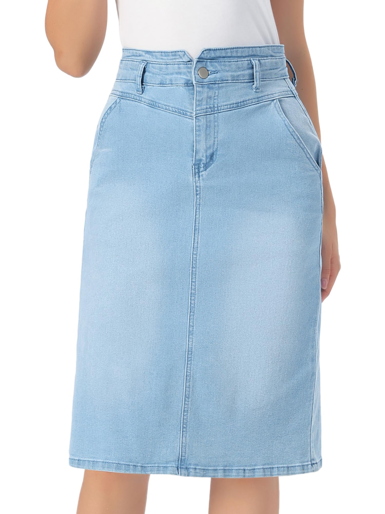 Allegra K Donna Gonna Jeans Elastici sotto Il Ginocchio Lunghezza | Vita Alta con Spacco Posteriore 2 Tasche Stile Classico Uso Quotidiano