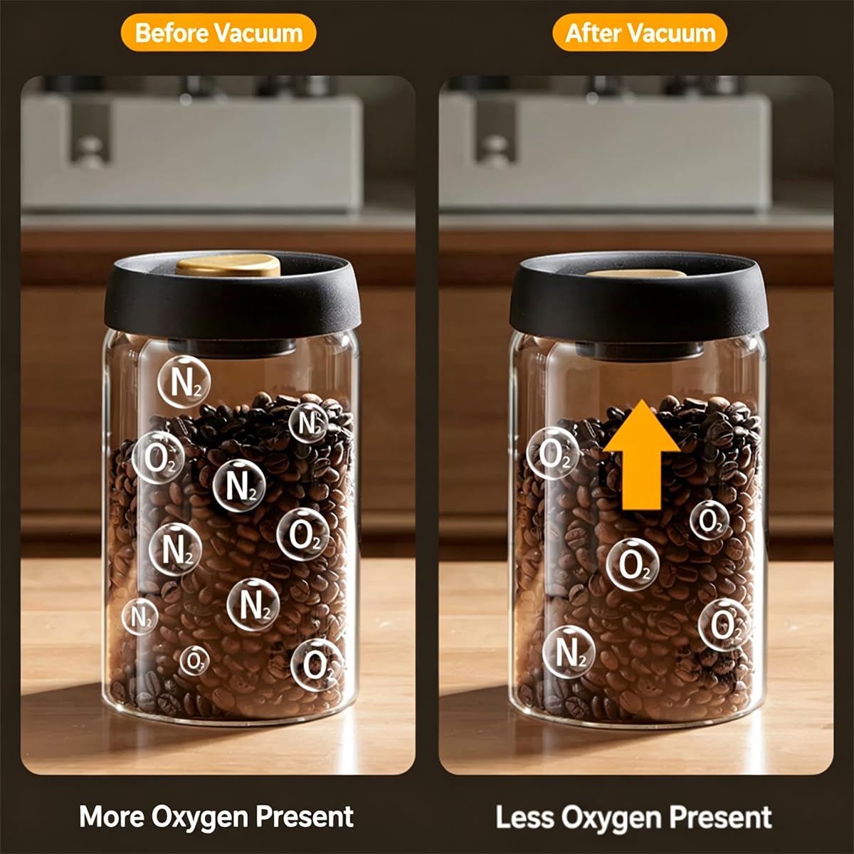 Vakuum Kaffeebohnen Glasbehälter, Luftdichte Vorratsdose mit Aromaschutz, Transparenter Kaffeeglas Gewürzbehälter für Küche，Ein Set mit 4