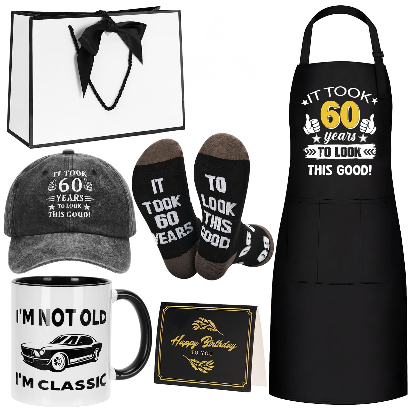 Iyxeo 60th Birthday Gifts for Men fathers day - Funny 60 Years Old Coffee Mug Present, Baseball Cap, Socks, Badge and Cooking Apron for Dad, Husband, Grandpa, Friends, Boss
