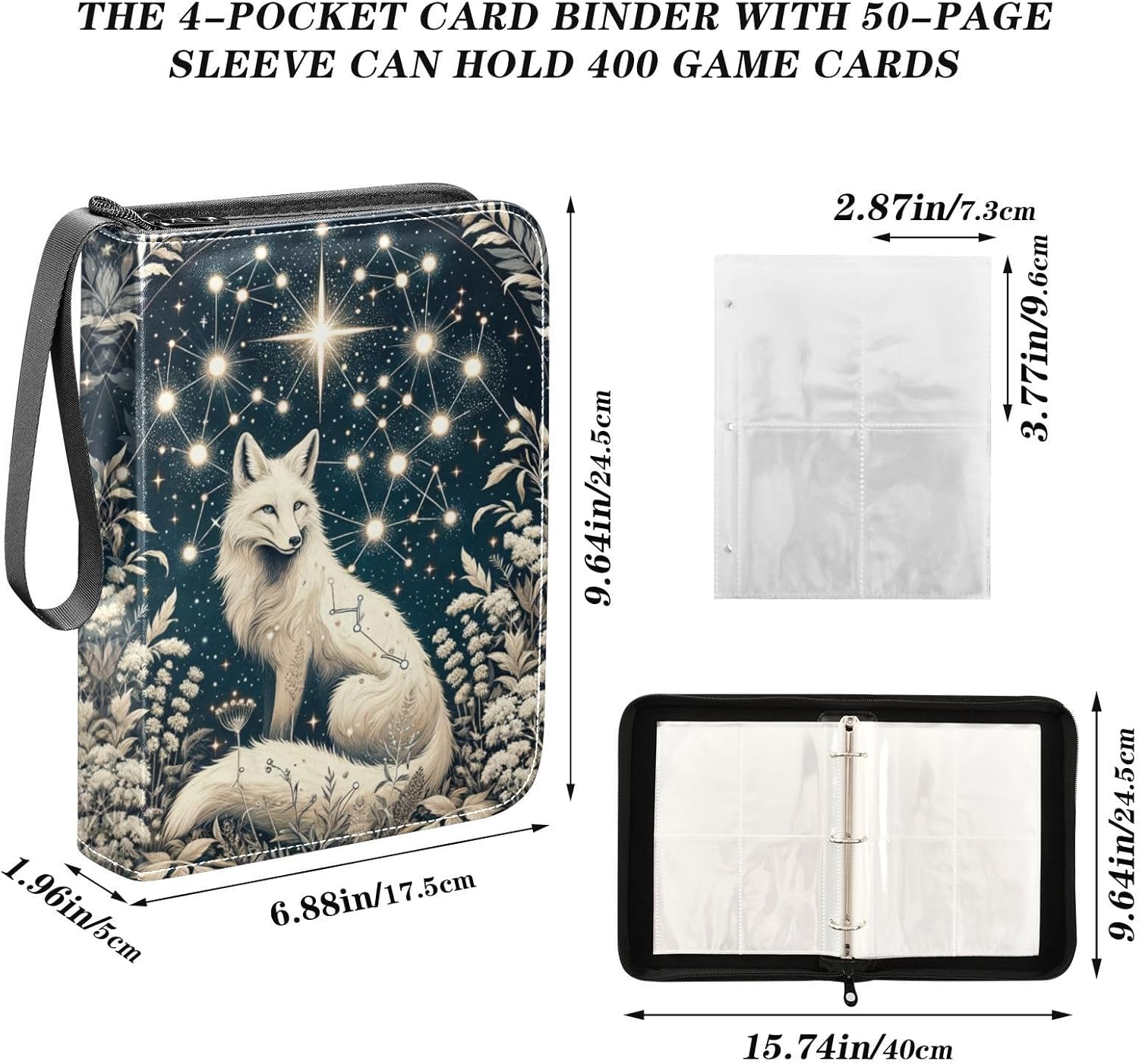 Golden Dreamy Galaxy Fox Card Binder 4 Pocket Trading Card Album Fits 400 Sports/Game Cards, PU Cover 3 Ring Card Collection with 50 Removable Sleeves