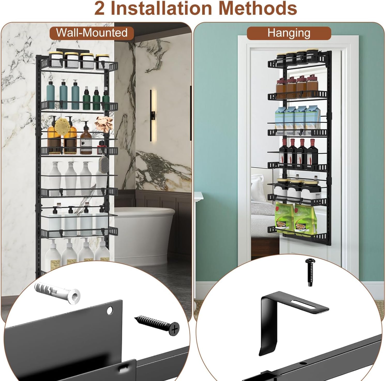 Over The Door Pantry Organizer 6-Tier Pantry Door Organizer Carbon Steel 110LBS Loading Hanging Spice Rack Shelves for Easy Install Home & Kitchen Essentials For Kitchen Bathroom 50”H 17”W 5.5”D
