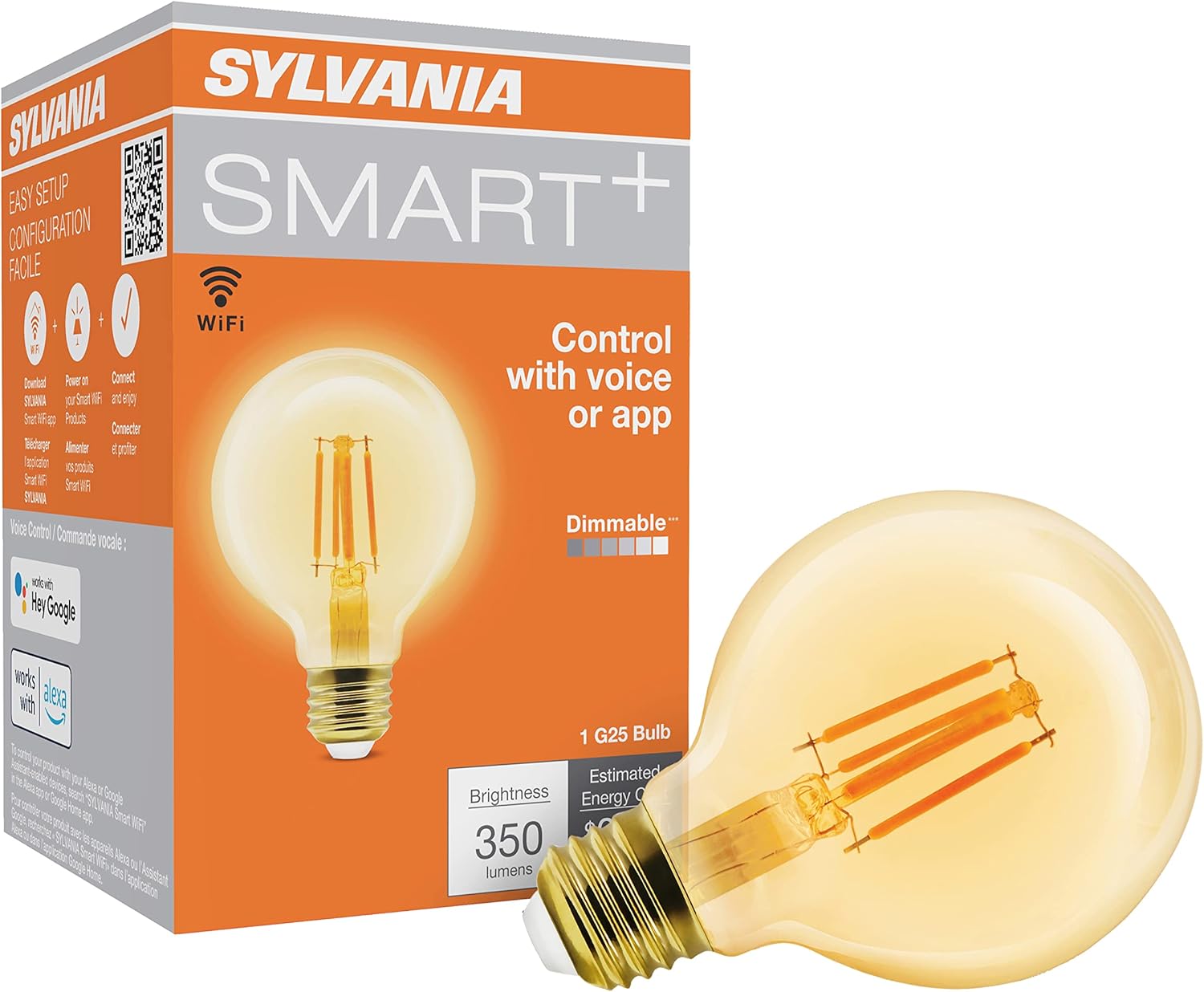 Sylvania WiFi LED Smart G25 Amber Finish Light Bulb, 3.5W Efficient, for Alexa/Google Assistant, 2000K, No Hub Required - 1 Pack (75801)