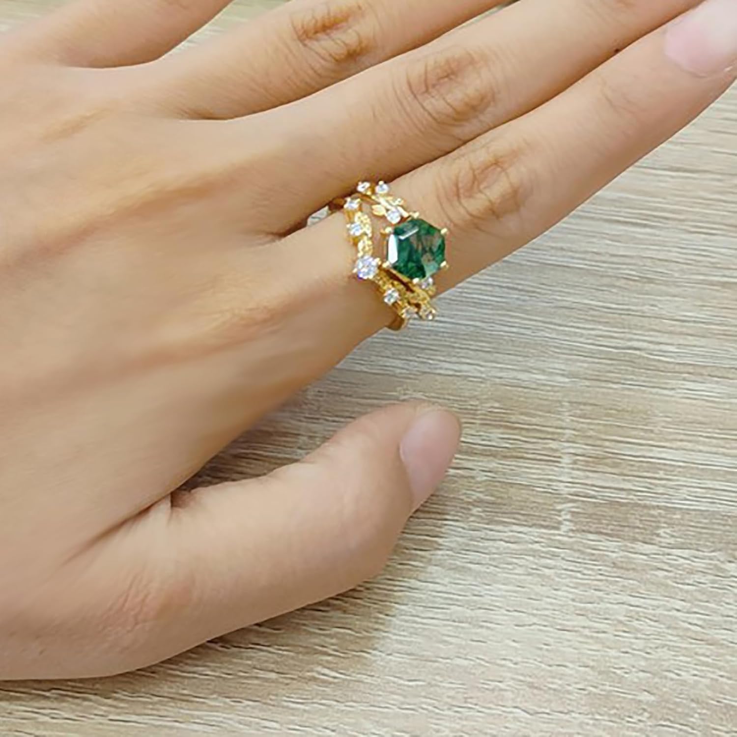 10K 14K 18K Solid Gold Natural Moss Agate Ring Set Inspired Leaf Moss Agate Engagement Ring Set Vintage Unique Moss Agate Bridal Wedding Ring Set Size 4-12.5 - Image 4