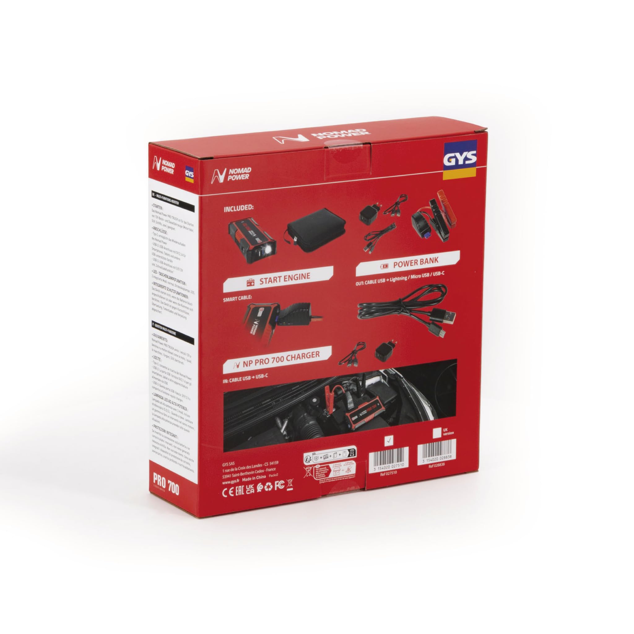 GYS, NOMAD POWER PRO 700, Démarreur/Booster Batterie Lithium Portable 2000A, Véhicules 12V (Moto, Voiture, Utilitaire), Démarrage Sécurisé, Batterie Externe 6Ah (PowerBank), Lampe LED, Ecran LCD