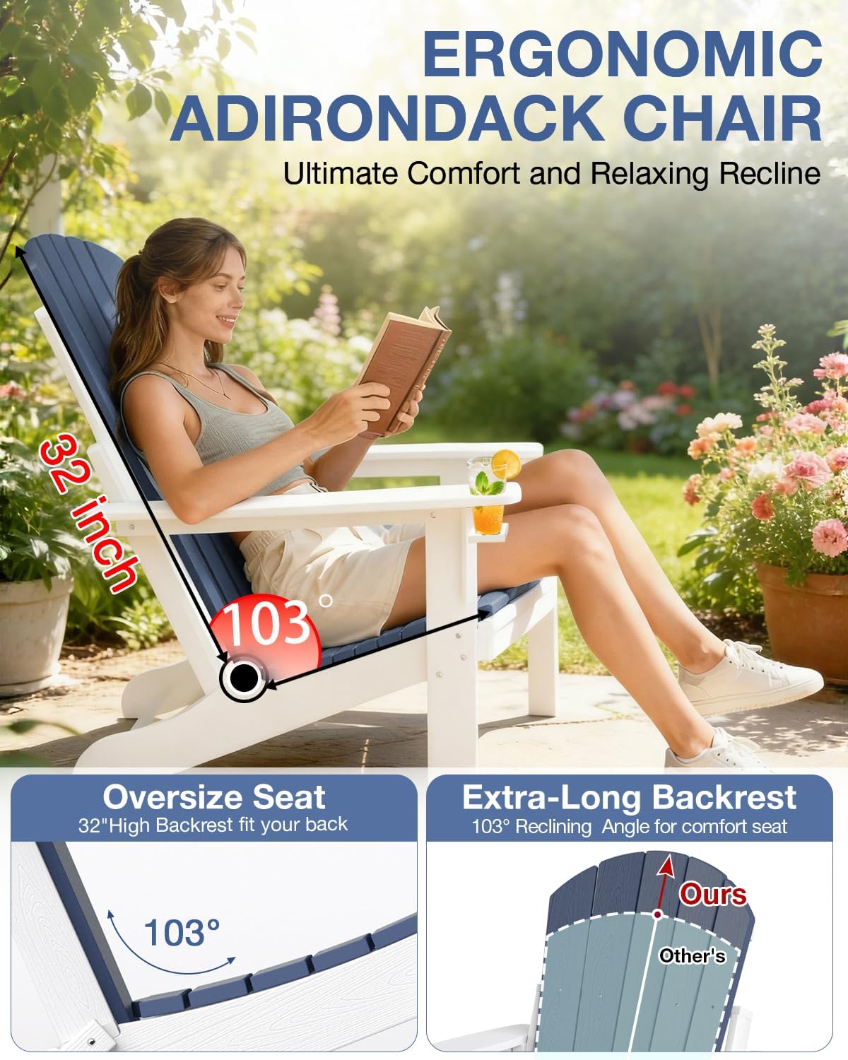 Folding Adirondack Chair –Recyclable HDPE Outdoor Adirondack Patio Chair with Cup Holder, Wood Texture & Umbrella Hole, 25-Year Fade-Free All Weather for Fire Pit, Porch, Poolside, Deck, Blue & White