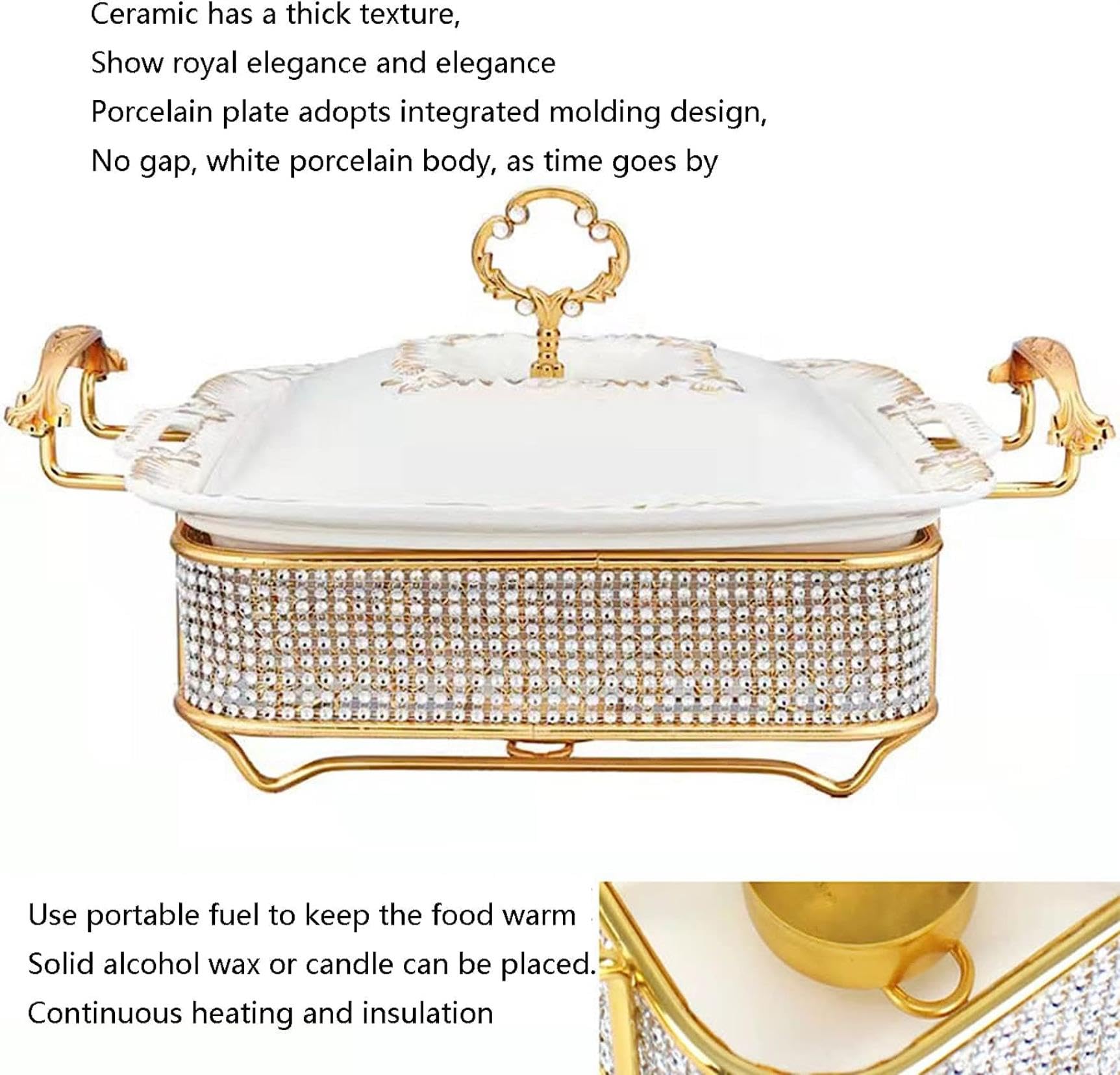Servidor y Calentador de bufé para Catering - Juego de bufé con Placa calefactora de Acero Inoxidable, Calentador de Alimentos para Eventos con Tapa de Cristal y empotrable (Diamante Blanco,