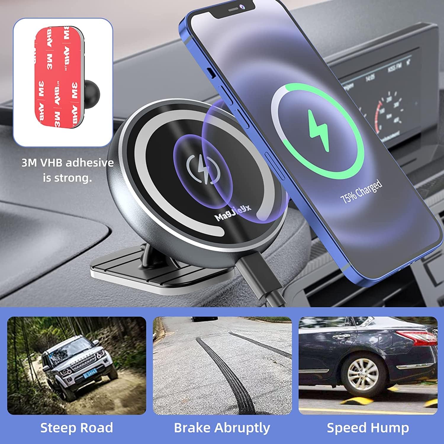 MAGJIEYX 15W Caricatore Wireless Auto, Ricarica Rapida Wireless Compatibile con iPhone 16,15,14,13,12,Pro Max,Mini, per Bocchetta Aria/Cruscotto Supporto Telefono Auto Gris