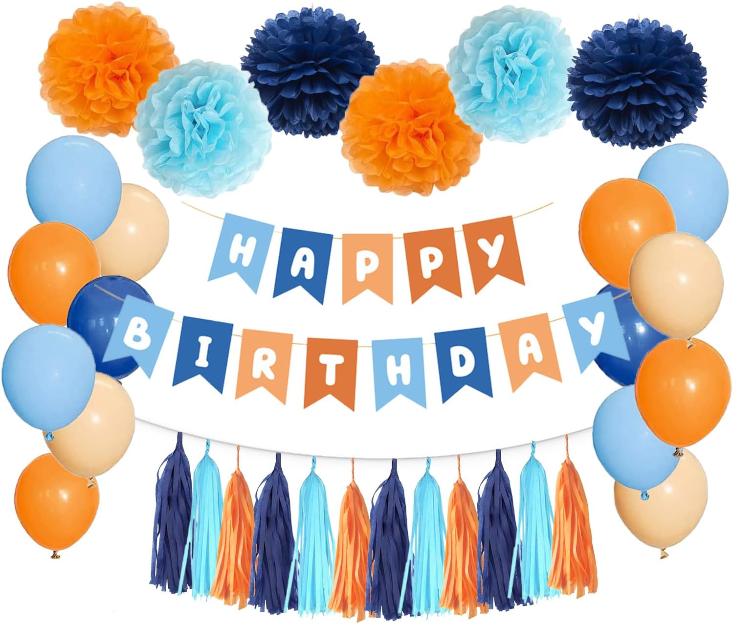 42PCS Navy Light Blue Aqua Orange Blue Dog 1st 2 3 5 Birthday Party Decorations for Boys Girls Balloons Banner Tissue Flower Pom poms Tassel Garland Hanging Backdrop Birthday Nursery Décor